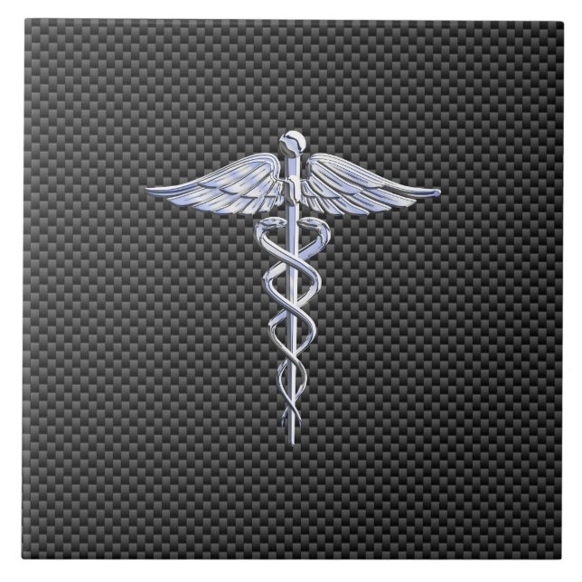 Silver Caduceus Medical Symbol Carbon Fiber Style Tile (Front)