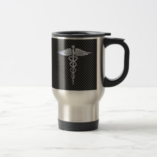 Silver Caduceus Medical Symbol Carbon Fiber Style Travel Mug
