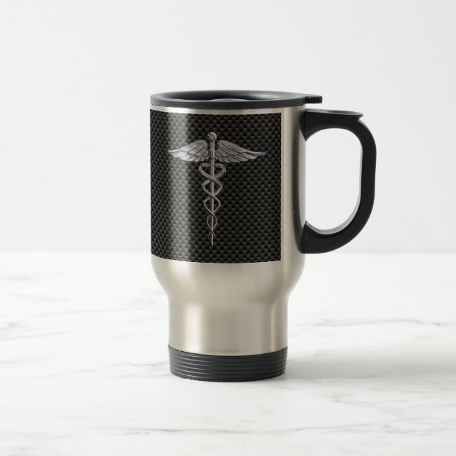 Silver Caduceus Medical Symbol Carbon Fiber Style Travel Mug (Right)