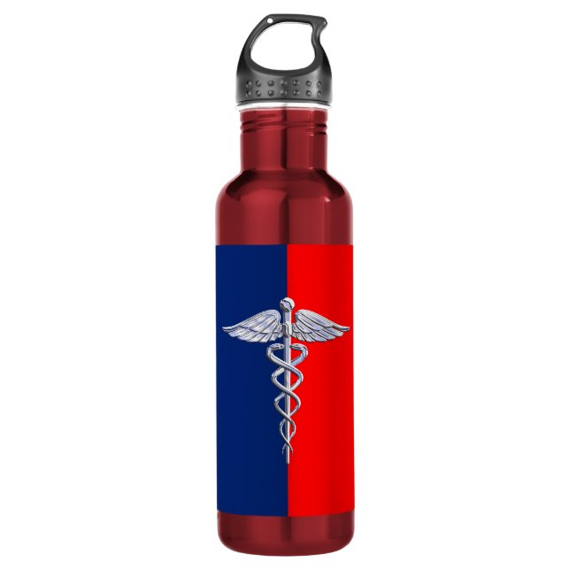 Silver Caduceus Medical Symbol League Water Bottle (Front)