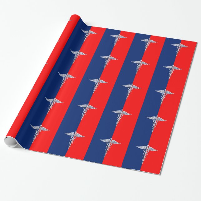 Silver Caduceus Medical Symbol League Wrapping Paper (Unrolled)