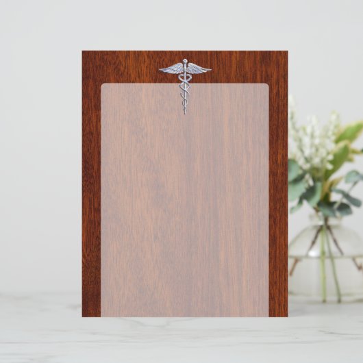 Silver Caduceus Medical Symbol Mahogany Decor (Standing Front)