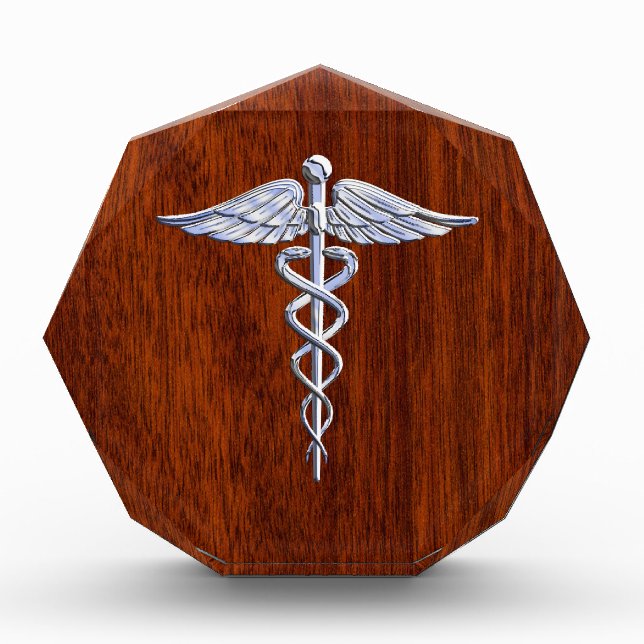 Silver Caduceus Medical Symbol Mahogany Decor Acrylic Award (Front)