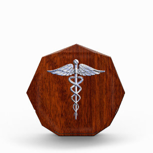 Silver Caduceus Medical Symbol Mahogany Decor Acrylic Award