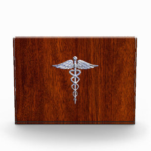 Silver Caduceus Medical Symbol Mahogany Decor Acrylic Award