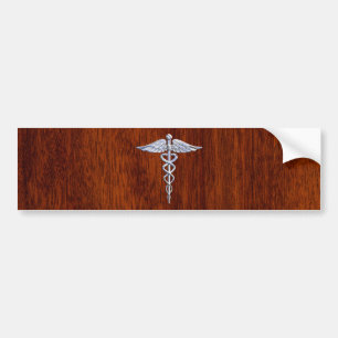 Silver Caduceus Medical Symbol Mahogany Decor Bumper Sticker