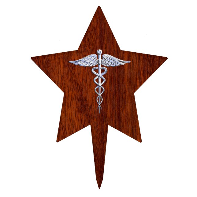 Silver Caduceus Medical Symbol Mahogany Decor Cake Topper (Front)