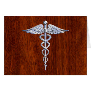 Silver Caduceus Medical Symbol Mahogany Decor Cards
