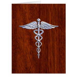 Silver Caduceus Medical Symbol Mahogany Decor Cards
