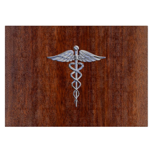 Silver Caduceus Medical Symbol Mahogany Decor Cutting Board (Front)