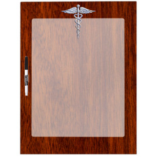 Silver Caduceus Medical Symbol Mahogany Decor Dry-Erase Board