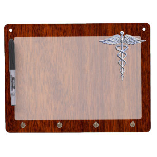 Silver Caduceus Medical Symbol Mahogany Decor Dry Erase Board With Keychain Holder