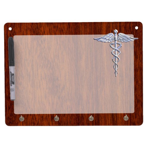 Silver Caduceus Medical Symbol Mahogany Decor Dry Erase Board With Keychain Holder