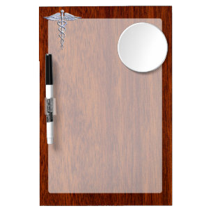 Silver Caduceus Medical Symbol Mahogany Decor Dry Erase Board With Mirror
