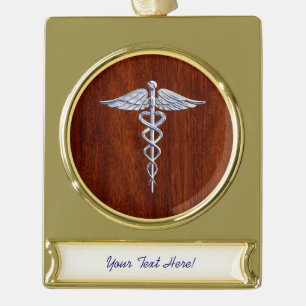 Silver Caduceus Medical Symbol Mahogany Decor Gold Plated Banner Ornament
