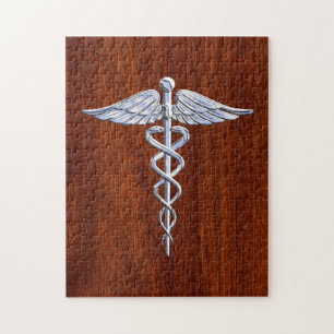 Silver Caduceus Medical Symbol Mahogany Decor Jigsaw Puzzle