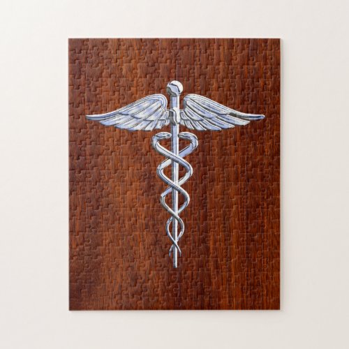 Silver Caduceus Medical Symbol Mahogany Decor Jigsaw Puzzle