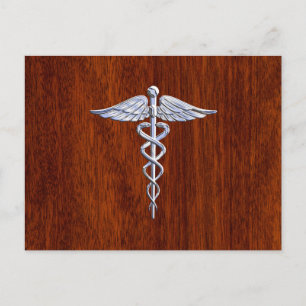 Silver Caduceus Medical Symbol Mahogany Decor Postcard