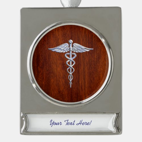 Silver Caduceus Medical Symbol Mahogany Decor Silver Plated Banner Ornament