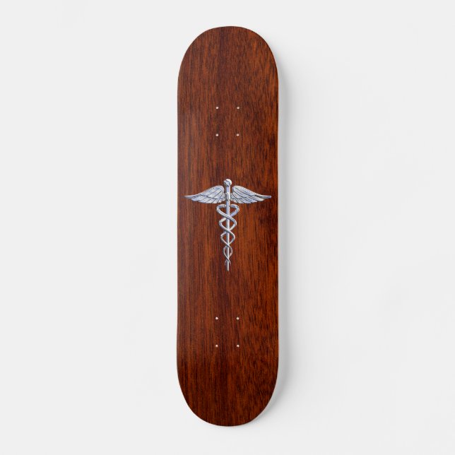Silver Caduceus Medical Symbol Mahogany Decor Skateboard Deck (Front)