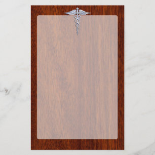 Silver Caduceus Medical Symbol Mahogany Decor Stationery