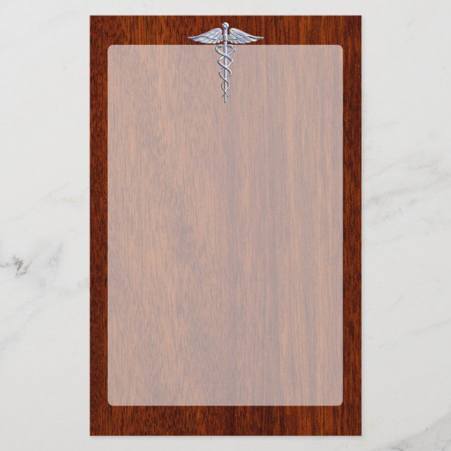 Silver Caduceus Medical Symbol Mahogany Decor Stationery (Front)