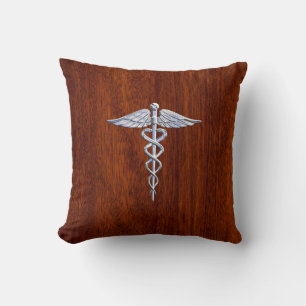 Silver Caduceus Medical Symbol Mahogany Decor Throw Pillow