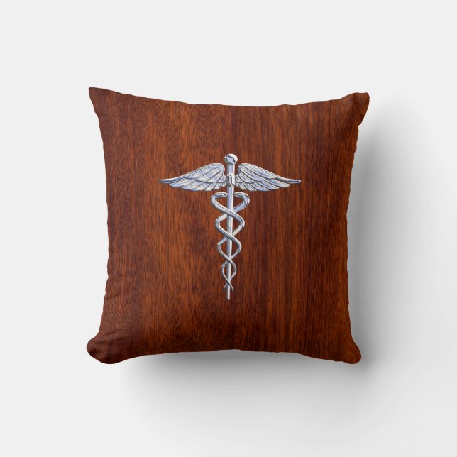 Silver Caduceus Medical Symbol Mahogany Decor Throw Pillow (Front)