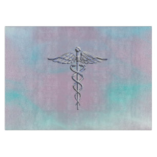 Silver Caduceus Medical Symbol Mother Pearl Cutting Board