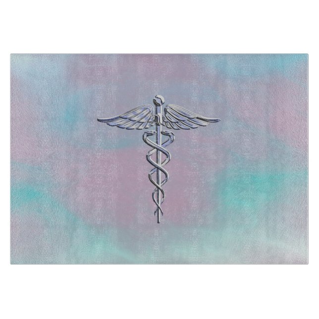 Silver Caduceus Medical Symbol Mother Pearl Cutting Board (Front)