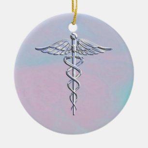 Silver Caduceus Medical Symbol Mother Pearl Decor Ceramic Ornament