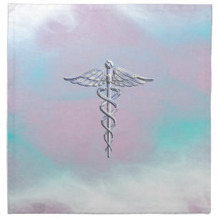 Silver Caduceus Medical Symbol Mother Pearl Decor Cloth Napkin
