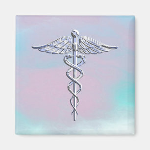 Silver Caduceus Medical Symbol Mother Pearl Decor Magnet