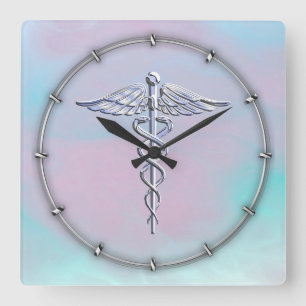 Silver Caduceus Medical Symbol Mother Pearl Decor Square Wall Clock
