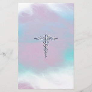 Silver Caduceus Medical Symbol Mother Pearl Decor Stationery