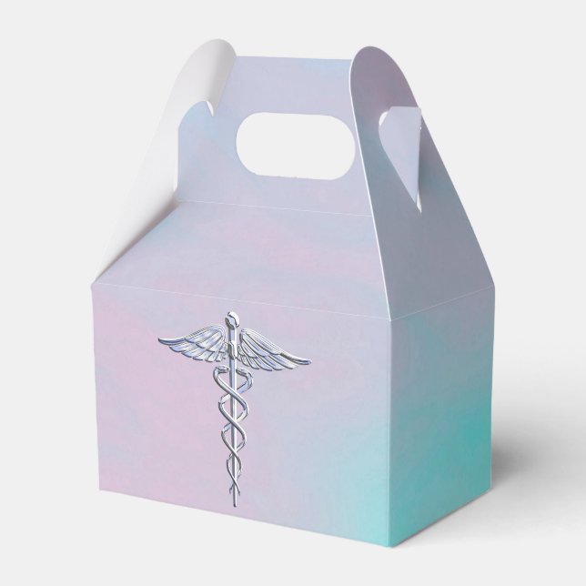 Silver Caduceus Medical Symbol Mother Pearl Favor Boxes (Front Side)