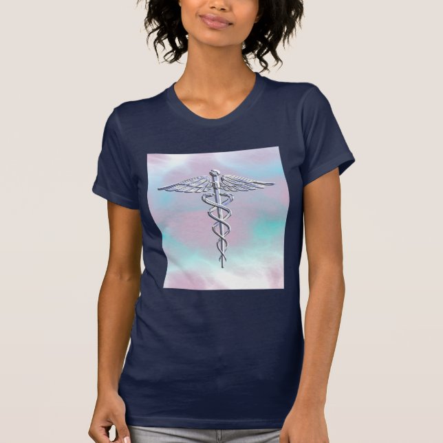 Silver Caduceus Medical Symbol Mother Pearl T-Shirt (Front)