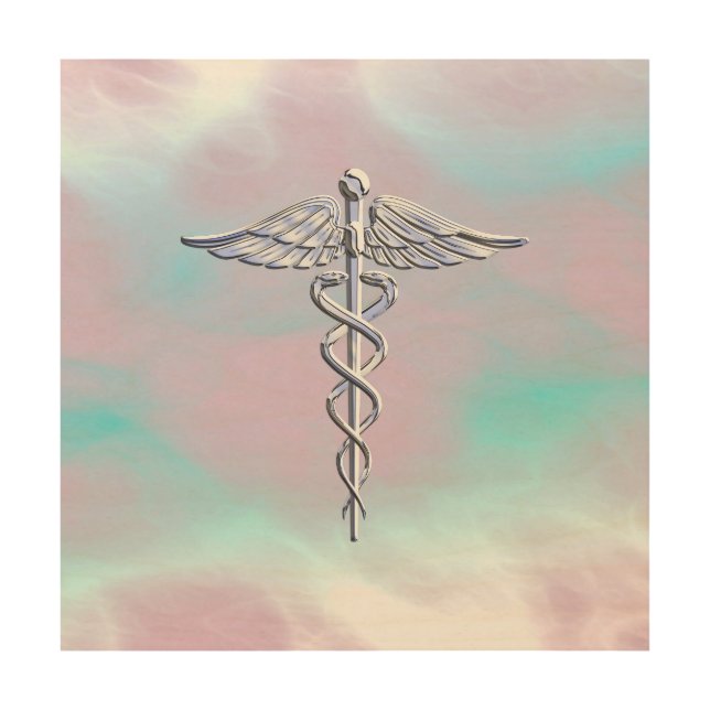 Silver Caduceus Medical Symbol Mother Pearl Wood Wall Art (Front)