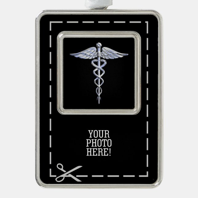 Silver Caduceus Medical Symbol on Black Christmas Ornament (Front)