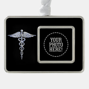 Silver Caduceus Medical Symbol on Black Ornament