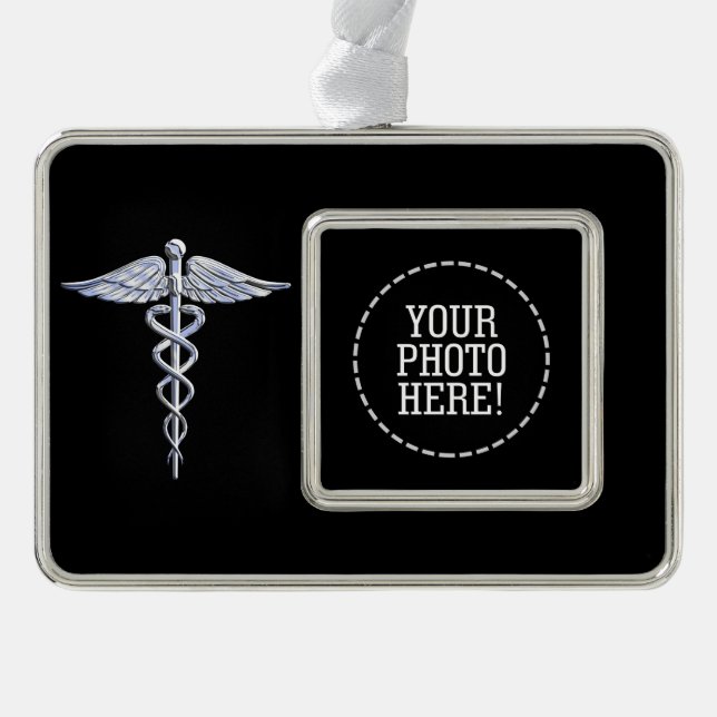 Silver Caduceus Medical Symbol on Black Ornament (Front)