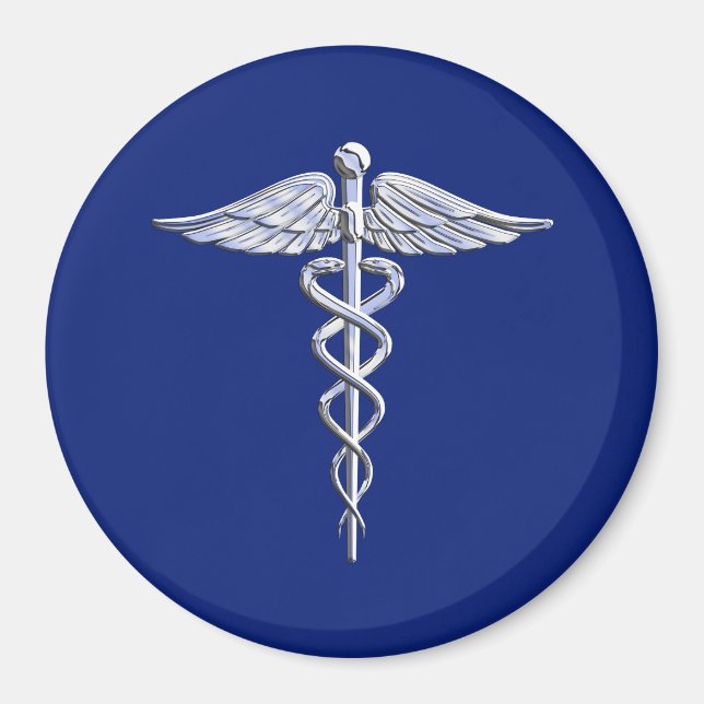 Silver Caduceus Medical Symbol on Navy Blue Decor Magnet (Front)