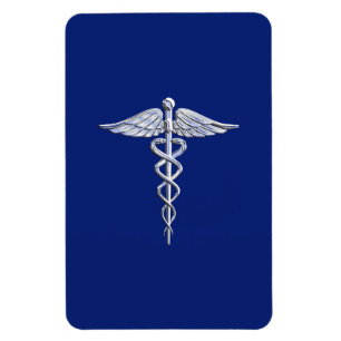 Silver Caduceus Medical Symbol on Navy Blue Decor Magnet