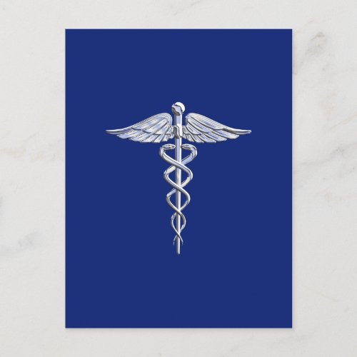 Silver Caduceus Medical Symbol on Navy Blue Decor Postcard