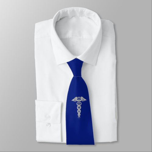 Silver Caduceus on Blue Neck Tie
