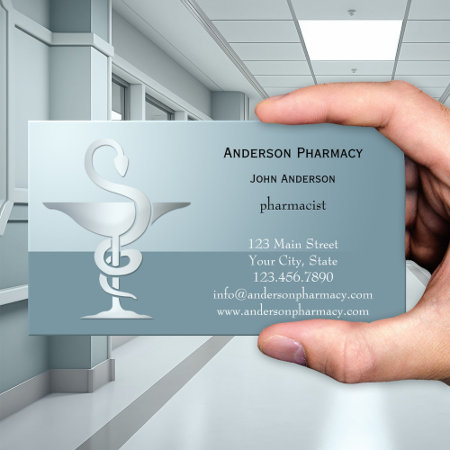 Silver Caduceus Pharmacy Business Card