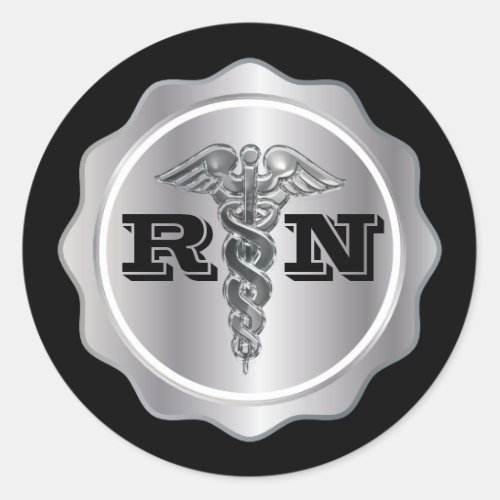 Silver Caduceus RN Nurse  Medical Classic Round Sticker