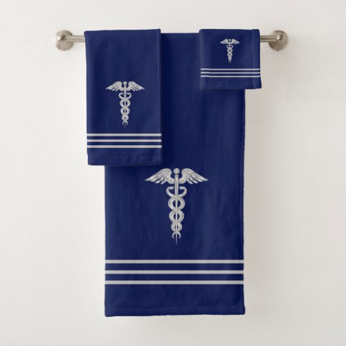 Silver Caduceus  Stripes on Navy Blue Bath Towel Set