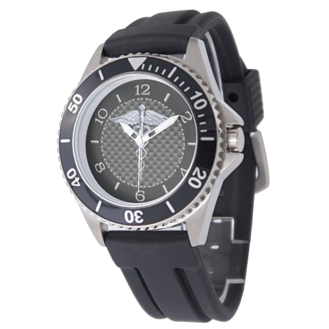 Silver Caduceus Symbol Carbon Fiber Style Dial Watch (Angled)