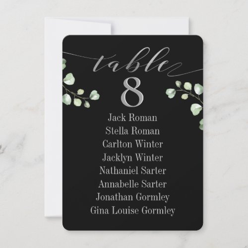 Silver Calligraphy Black Seating Chart Card